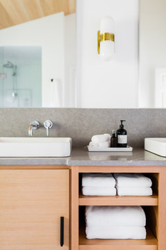 Natural Wood Vanity in Modern Master Bathroom