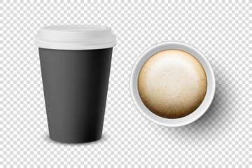 Vector 3d Realistic Black Disposable Closed and Opened Paper, Plastic Coffee Cup for Drinks with White Lid Set Closeup Isolated on Transparent Background. Design Template, Mockup. Top and Front View