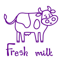 Vector illustration, line cartoon standing spotted cow. Hand drawn, isolated. 