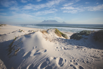 Wide angle view of Table Mountain, one of the natural seven wonders of the world, as seen from...