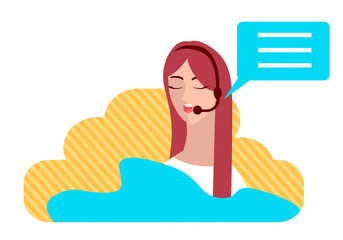 Vector illustration in flat style customer service. Woman with headphones and microphone. 