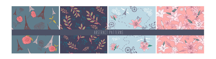 Set of Spring Blossom Flowers Background. Seamless Floral Patterns - in vector, lilies, bicycle, eiffel tower, paris, rose ,flowers. Hand drawing