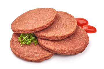 Raw burger cutlets, ingredients for hamburger, isolated on white background