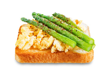 Scrambled egg asparagus sandwich on a white isolated background