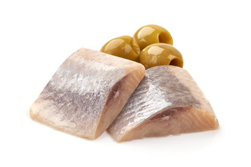 Marinated atlantic herring, sliced fish fillet, isolated on white background.