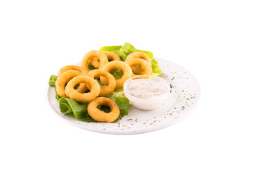 Breaded squid rings with white sauce, garnished with green lettuce. Served on a white plate, melted on a white background. The photo is suitable for feeding mei restaurant. Dish of Montenegrin cuisine