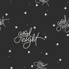 Good Night seamless pattern with cute stars and lettering. Sweet dreams background. Vector illustration