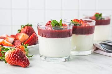 Italian dessert panna cotta with strawberries