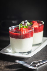 Italian dessert panna cotta with strawberries
