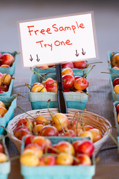 Free sample of Rainier Cherries at a farmer's market