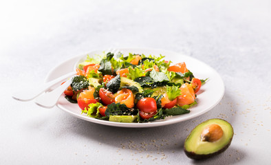Salmon Salad with Vitamins in vegetables, herbs and avocado