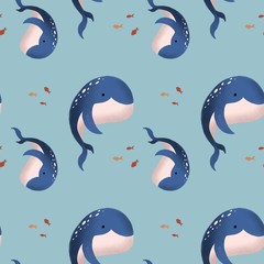 Seamless pattern cute good whale with spots on the back drawn in the style of cartoon. Gold, orange, red fish. Use in children's clothing, stickers, covers, kid's room, books, wallpapers, textiles