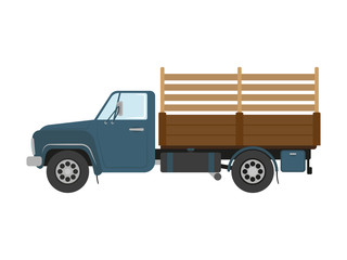 Old farm truck icon. Side view. Colored silhouette. Vector graphic illustration. Isolated object on a white background. Isolate.