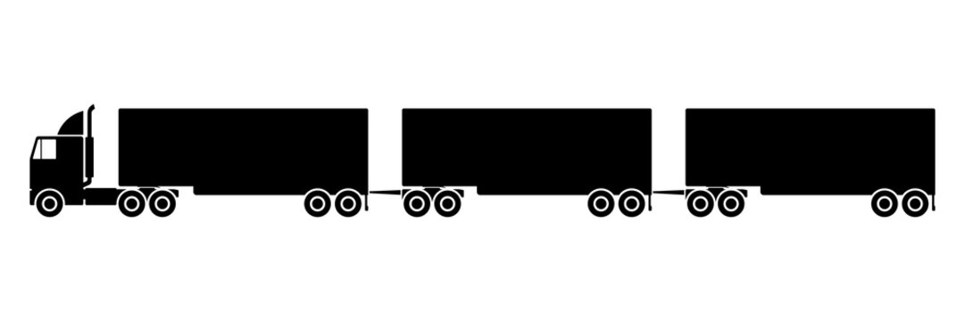 Road train icon. Black silhouette. Side view. Vector graphic illustration. Isolated object on a white background. Isolate.