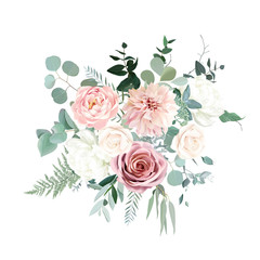 Silver sage green and blush pink flowers vector design bouquet