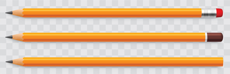 Realistic pencil collection with shadow. Set of yellow pencils sharpened with a rubber band and without - stock vector.