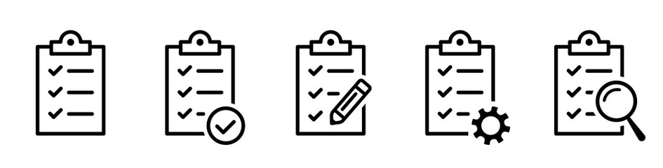 Clipboard icon. Checklist with gear, checkmarks, magnifier and pencil. Quality check line sign. Check List flat line icon. Form icon. Clipboard with gear technical support check list - stock vector. - obrazy, fototapety, plakaty