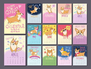 Fototapeta na wymiar Monthly calendar template 2021 with cute Welsh Corgi dog characters