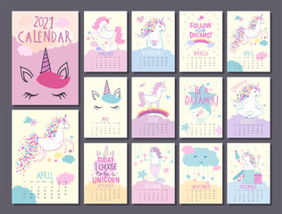 Fototapeta na wymiar Monthly calendar template 2021 with cute unicorn characters