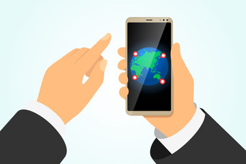 Hand holding smartphone with earth planet and gps location pin pointers on finger touching screen. Global online delivery or travelling service mobile navigation logistic app. Vector eps illustration