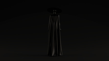 Black Asian Demon Assassin in a Tight Dress Cape and Conical Hat Evil Spirit Black Background 3d illustration 3d render