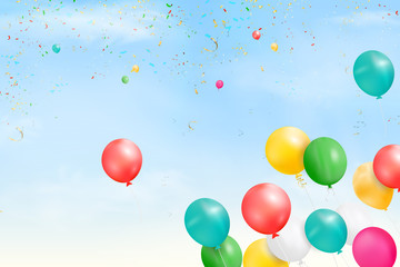 Flying bright Colorful Balloons with confetti, ribbon, serpentine in the blue sky party background. Festive birthday balloons background with space for text. vector illustration.