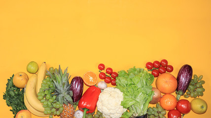 Vegetables, fruits on a bright background. The concept of healthy and natural foods  for boosting immunity, a healthy lifestyle and weight loss, vitamins. Summer banner for the screen, place for text,