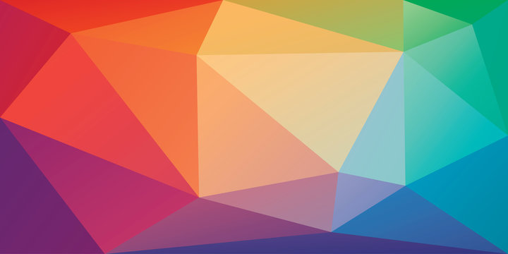 Low poly background with irregular triangles in rainbow colors. Bright colorful polygonal banner template. Multicolor triangular backdrop in origami style. Vector eps8 illustration.