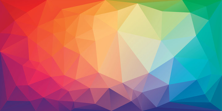 Low poly triangular background in bright rainbow colors. Colorful polygonal banner template. Multicolor backdrop in origami style. Vector eps8 illustration with irregular triangles.