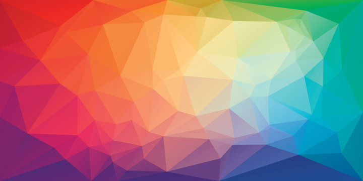 Low poly triangular background in bright rainbow colors. Colorful polygonal banner template. Multicolor backdrop in origami style. Vector eps8 illustration with irregular triangles.
