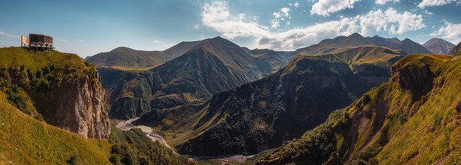 Panoramic landscape view of beautiful Kazbegi mountains, Country of Georgia