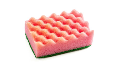 pink dishwashing sponge isolated on white