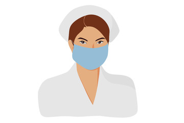 Asian nurse. Female hospital worker in white uniform with mask, vector portrait illustration. Vector.