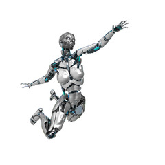cyborg female comic explosion pose in a white background