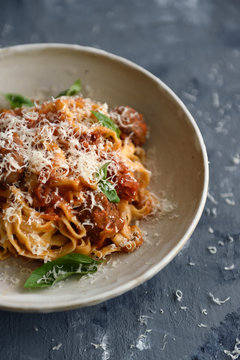 Tagliatelle pasta with meatballs and tomato sauce