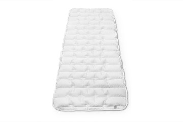 Orthopedic Anatomic Mattress isolated on white background. 3d illustration. Comfort sleep, good dreams. Soft white blanket. Latex and foam mattress with sleeping textile surface texture