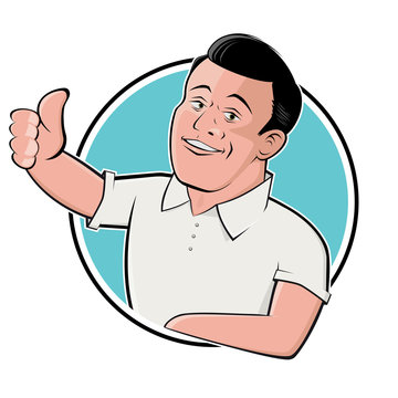 retro cartoon logo illustration of a handsome with thumbs up