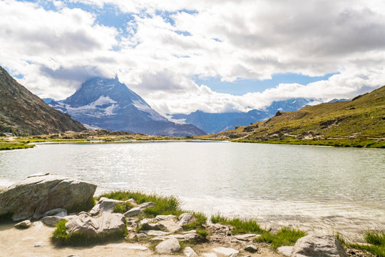 View of Matterhorn mountain from Roterboden with lake in foreground
