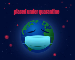 Fototapeta premium Planet earth in a protective medical mask with closed eyes. The earth is sad. The earth was quarantined. molecules of the virus, bacteria, corona virus fly around the earth. Pandemic concept. Vector.