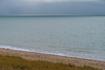 Gouville, France - 12 30 2018: Panoramic view of the sea and the beach