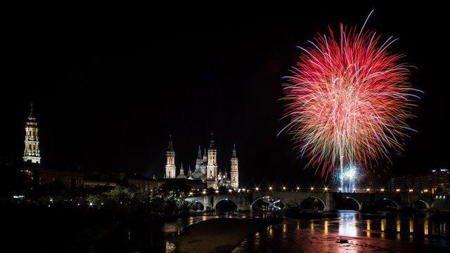 Fireworks in the end of the festivities of our Virgin of the Pilar  in