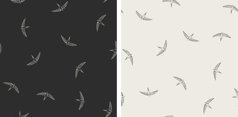 Set of 2 seamless vector pattern with flying swallows, swifts. Doodle dark background with birds