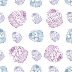 Seamless pattern of sweet cupcake. Hand drawn vector illustration in doodle style. Elements for greeting cards, posters, stickers and seasonal design.