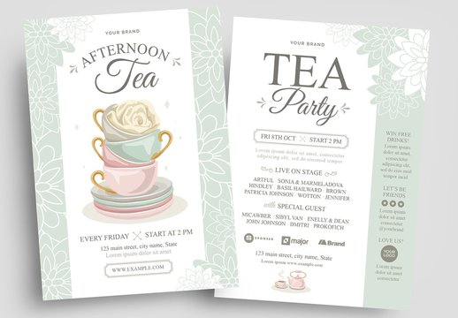 Afternoon Tea Flyer Layout with Pastel Watercolor Illustrations