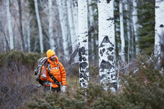 A male hunter walks through a forest with his rifle in Colorado