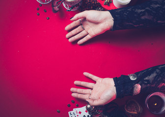 a fortune teller holds a dried Rowan tree for divination. blank for the designer.  The concept of...