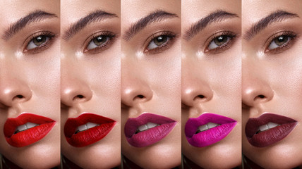 Collection: eyes and lips red, purple hues. The palette of lipsticks. Close-up