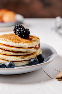 Close up of a stack of fresh homemade pancakes