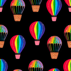 Seamless pattern Watercolor illustration of hot air balloon clouds Handpainted clipart rainbow colors. Retro design black background