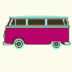 Retro car, bus. Pixel art 8 bit.